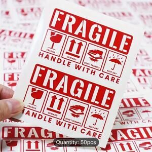⛔️ 50 Stickers of Red Fragile Warning Sticker Packaging Self-Adhesive Label ⛔️